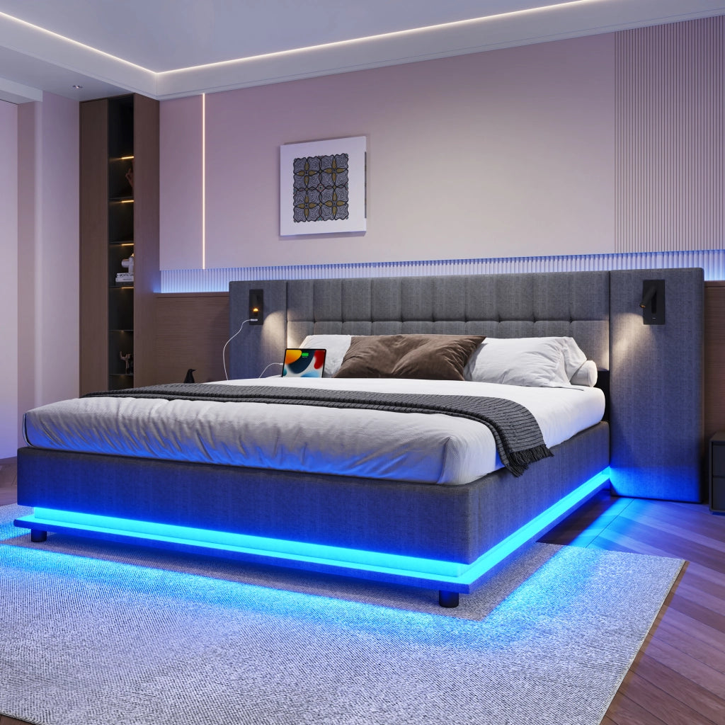 DESMIU Letto imbottito 180 × 200 cm con LED, luce da lettura e USB, senza materasso, in lino e MDF, grigio