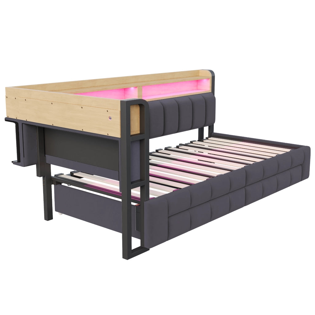 Letto imbottito estraibile con cassetti, ripiani, led e prese usb e type-c in velluto grigio scuro