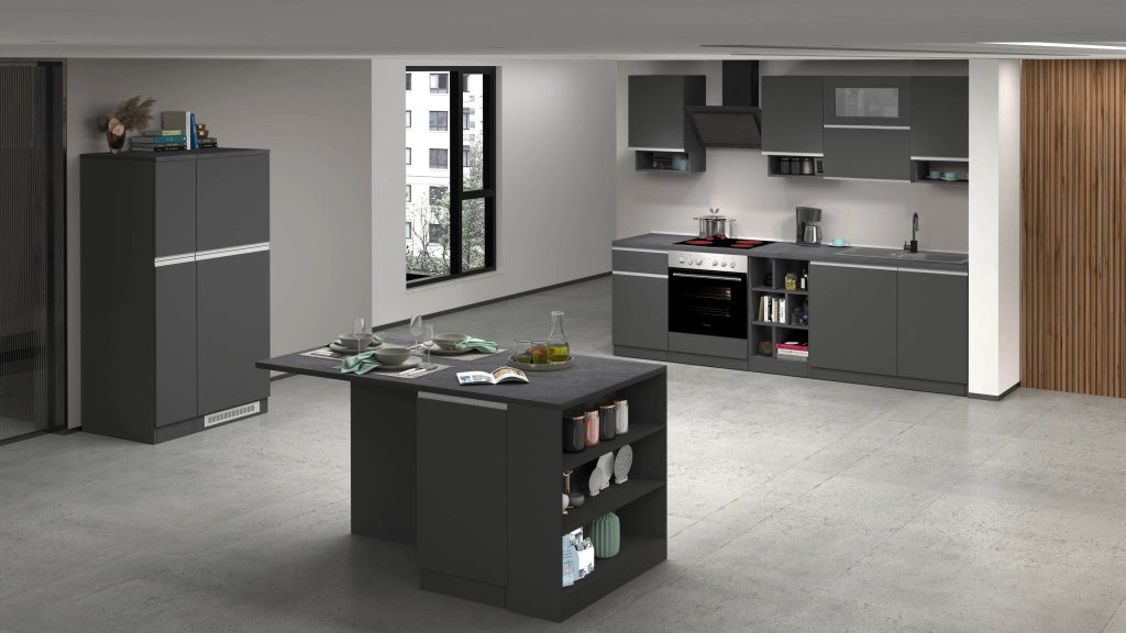 Cucina Lineare SOLE 256 cm - Antracite/Report e Legno Chiaro, Made in Italy