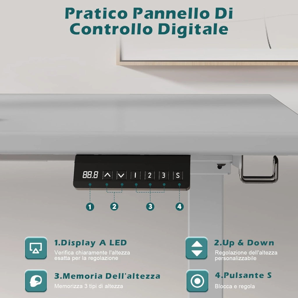 Scrivania Seduta E In Piedi, 2 Motori, Piano Scrivania Con 3 Tasti Di Memoria, Rotelle, Ganci E Scatola Per La Gestione Dei Cavi, Scrivania Regolabile In Altezza 73 – 120 cm, Gray