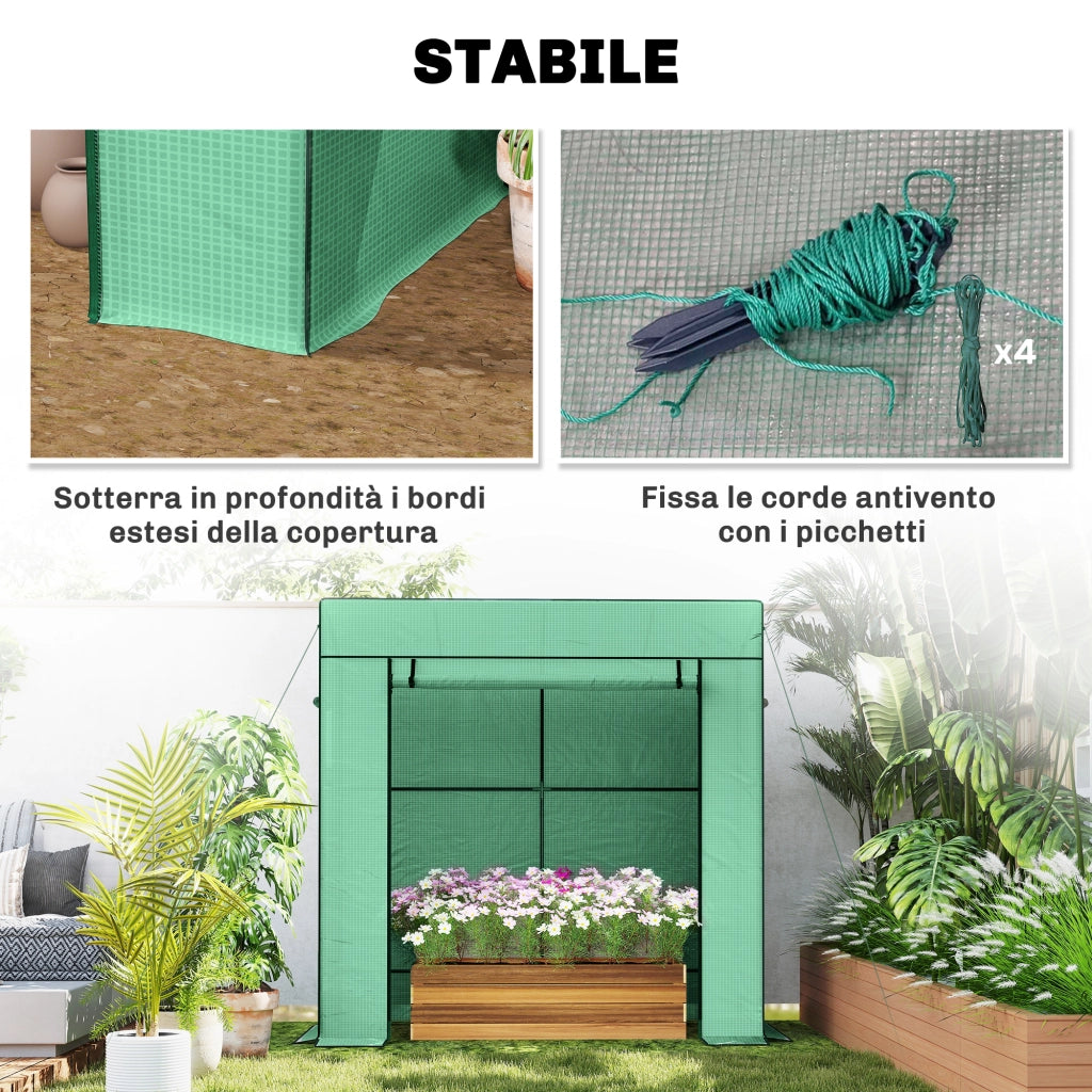 Serra per Piante con 2 Finestre Laterali a Rete e Ingresso Avvolgibile, in PE e Acciaio, 196x77x197 cm, Verde
