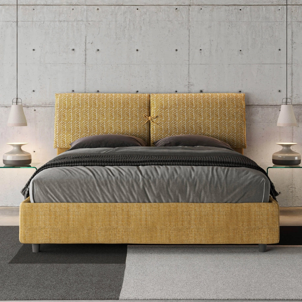 Letto Matrimoniale 160x210 cm con Rete e Contenitore con Testata e Alzata Comoda Imbottito in Tessuto Aragona Mados