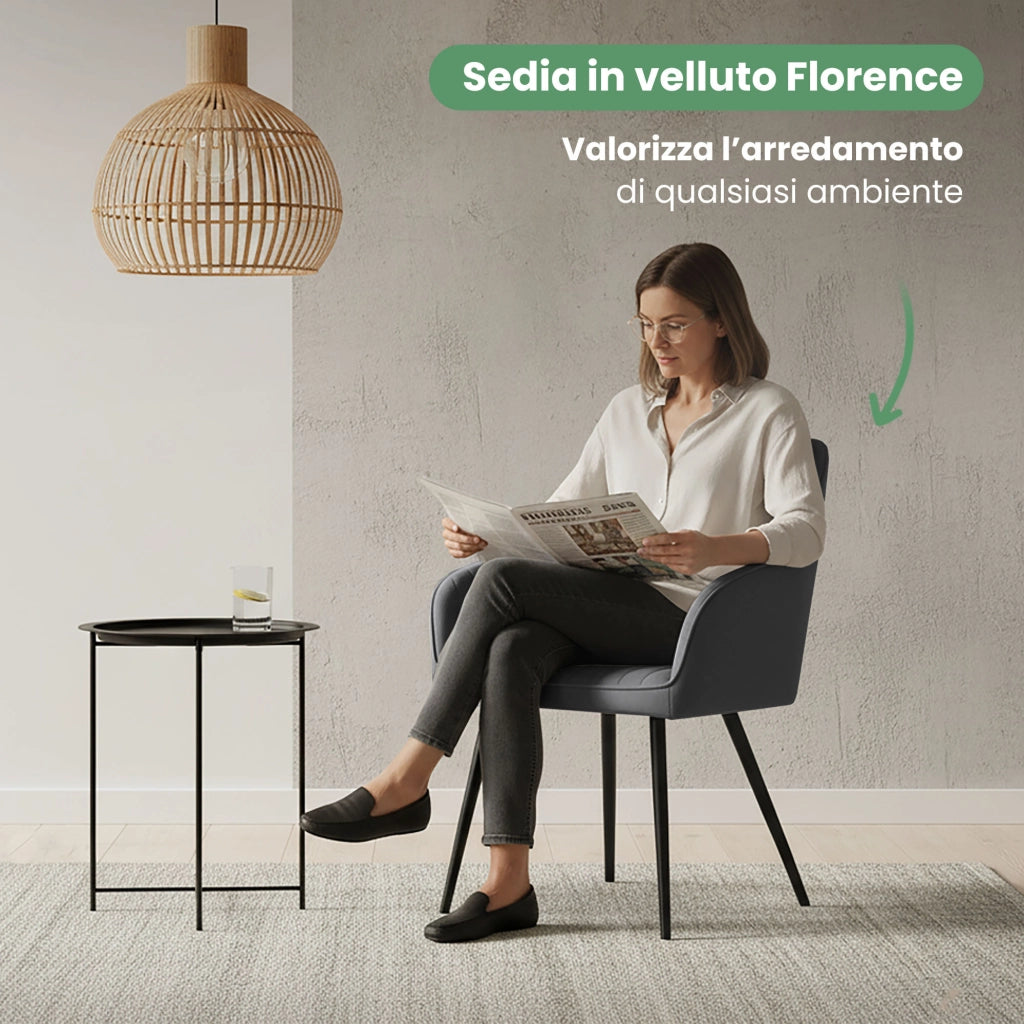 Set di 6 Sedie in velluto con cuciture verticali FLORENCE Grafite gambe nere