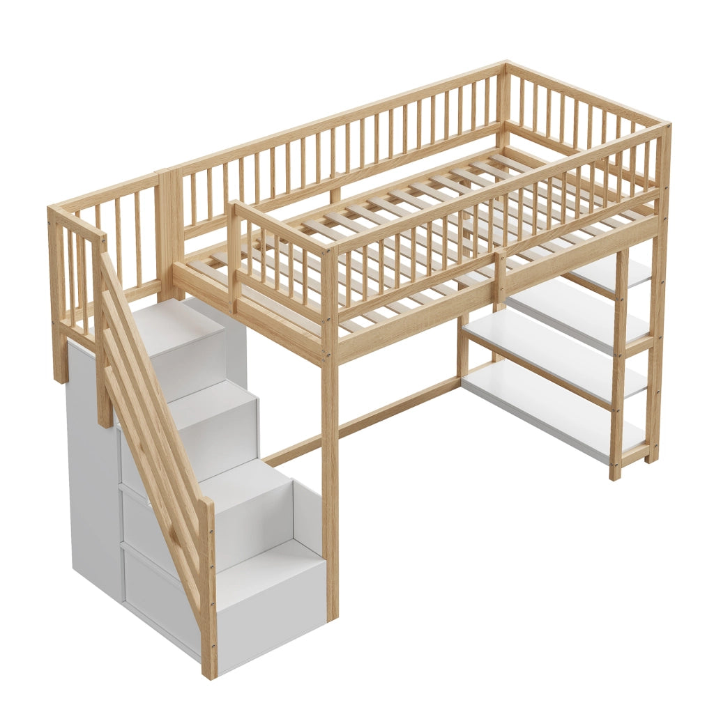 Letto a soppalco 90x200 cm in legno massiccio color legno naturale con scala e contenitore