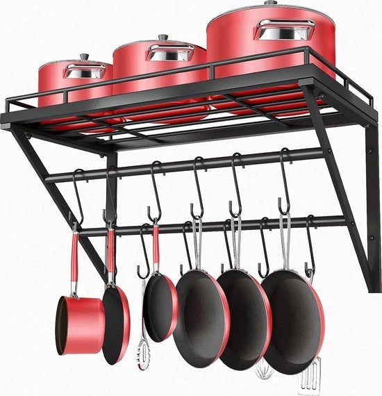 Organizzatore per pentole con 2 binari, 60cm, montaggio a parete metallico con 12 ganci