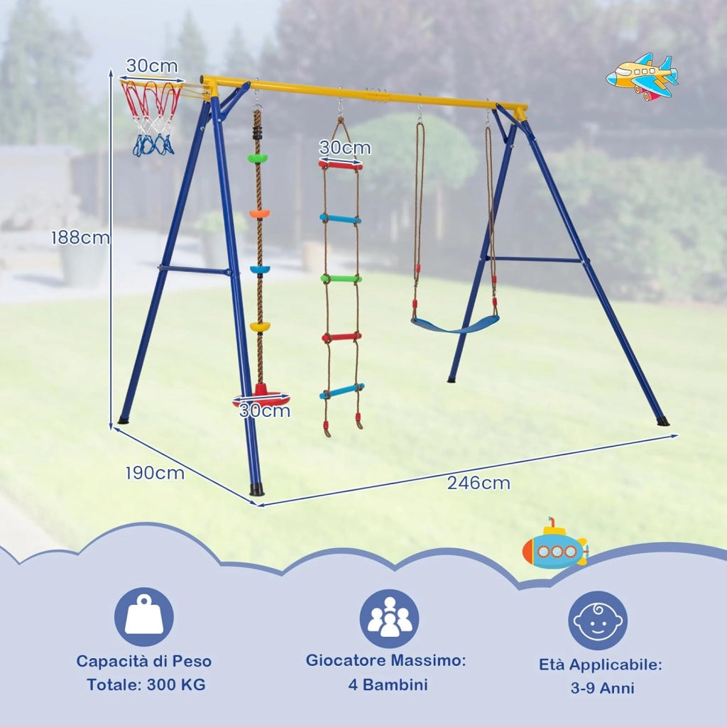 Set Altalena per Bambini Robusta, Set Altalena 4 in 1 con Canestro Basket, Altalena Regolabile, Scala e Disco con Corda, Giochi da Interno ed Esterno per Bambini 3-9 Anni, Portata 300 kg