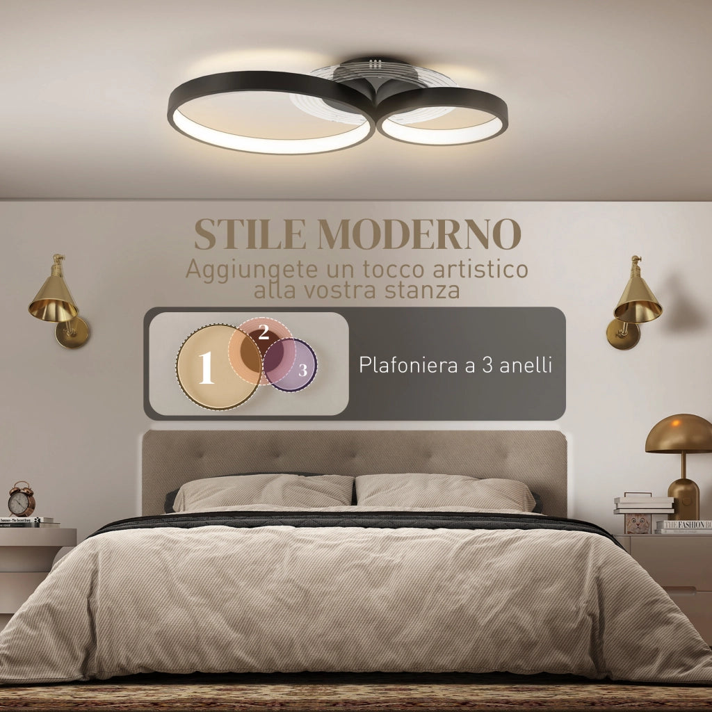 Plafoniera LED a 3 Anelli ¨C zephmum ¨C Nero, Temperatura Colore Regolabile, 40W