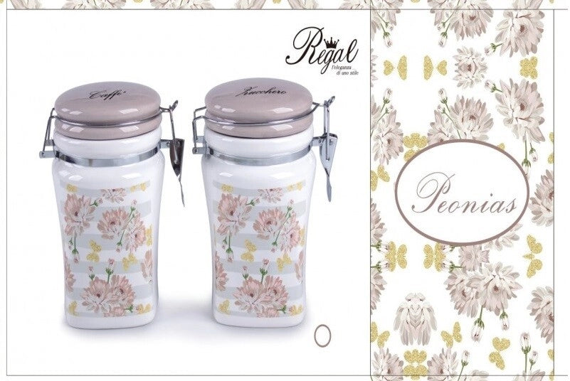 Set 2 Bis Barattoli da Cucina in Ceramica Sale Fino e Sale Grosso Decoro Peonias
