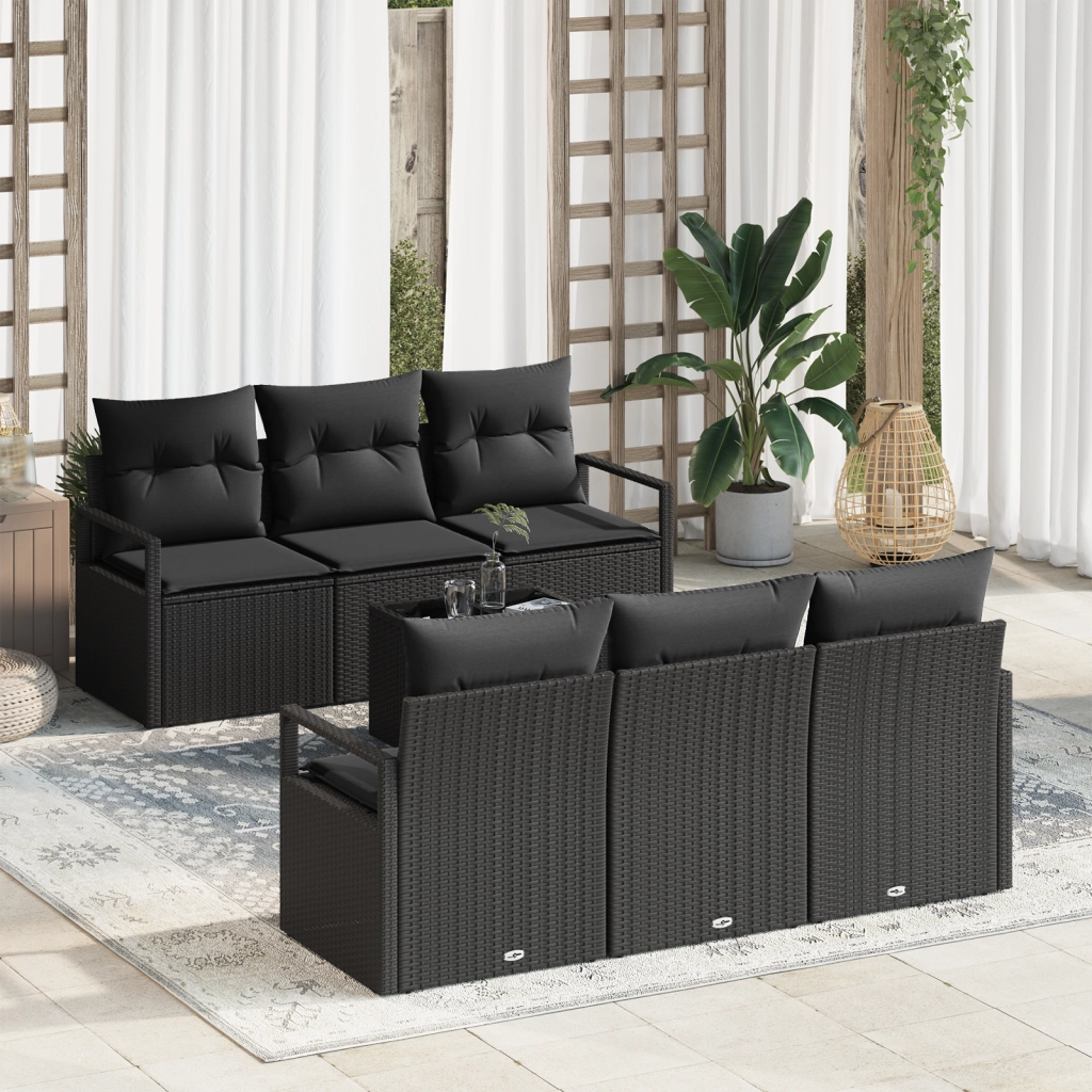 Set divano da giardino 7 pezzi con cuscini nero polyrattan