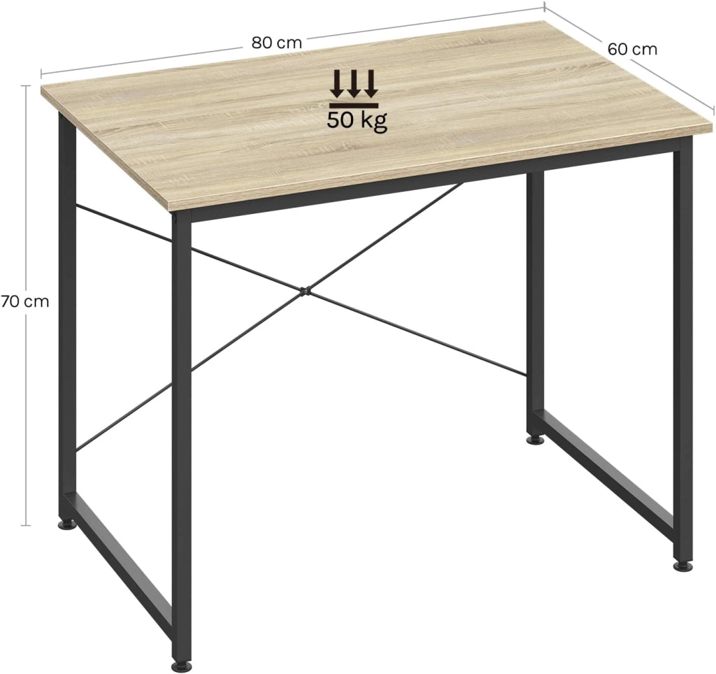 Scrivania Salvaspazio, Tavolo per Computer, Rovere Chiaro + Bianco per Studio, Home Office, Camera da Letto, in Legno e Metallo, 80x60x70 cm