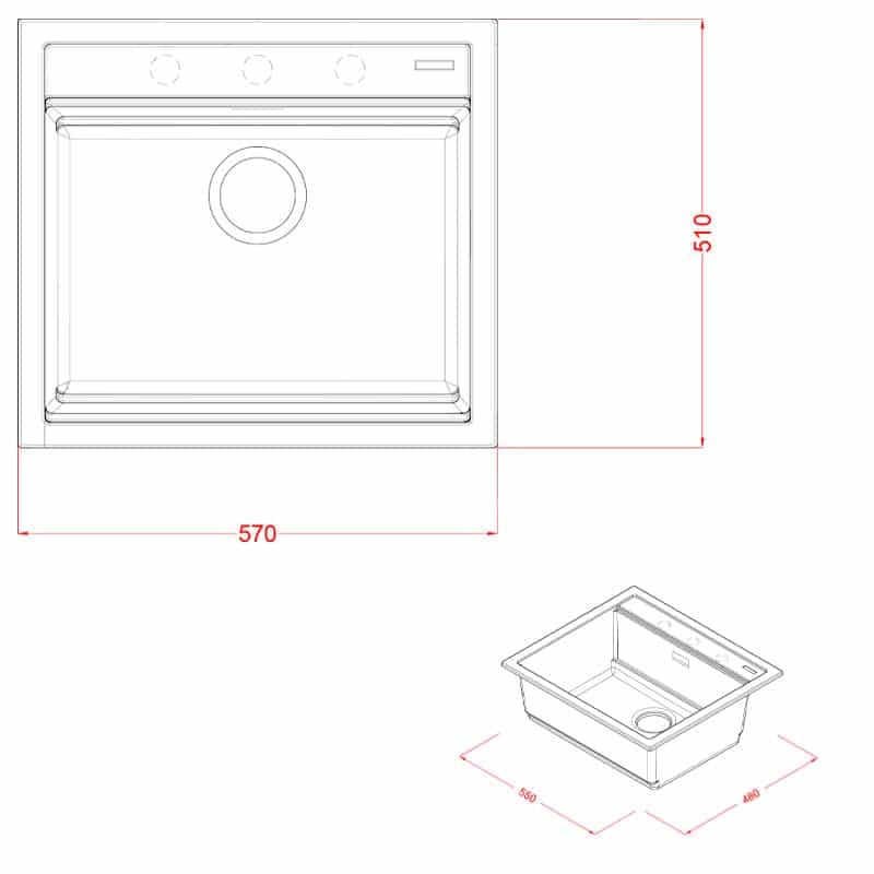 Lavello Quareco incasso 1 vasca 57×51 Prime 60 Granito Nero QLP060NE