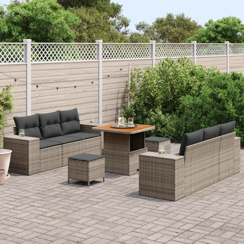 Set da giardino con 9 pezzi e cuscini in grigio poly rattan e acacia