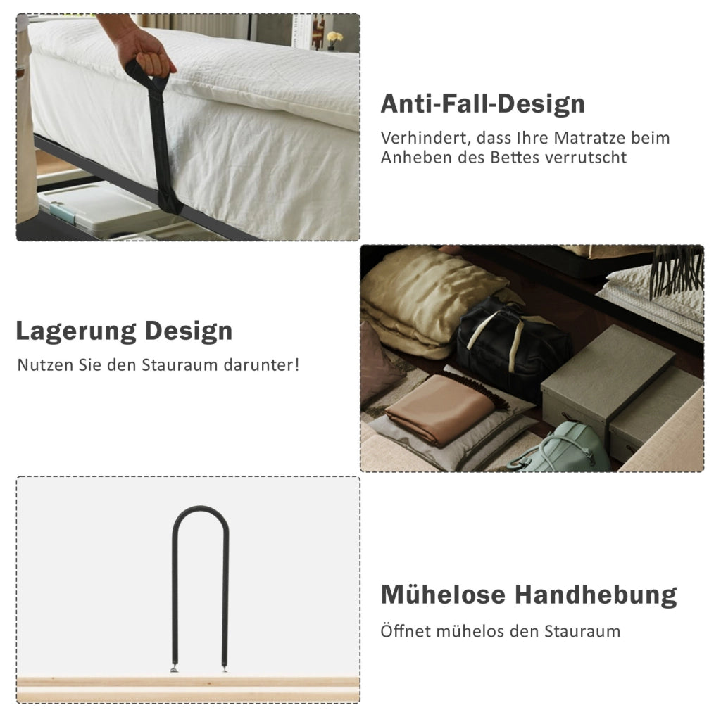 Letto matrimoniale 160x200 cm con materasso; lampada da lettura; USB e contenitore; beige in lino