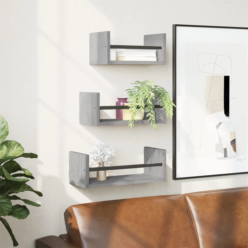 3 pz Set Mensole Parete | Mensola sospesa con Aste Grigio Sonoma Legno Multistrato