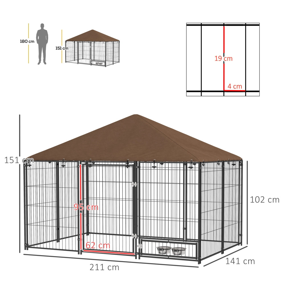 Recinto per Cani 211x141x151 cm con Porticina per Ciotole in Metallo e Tessuto Oxford Nero e Marrone