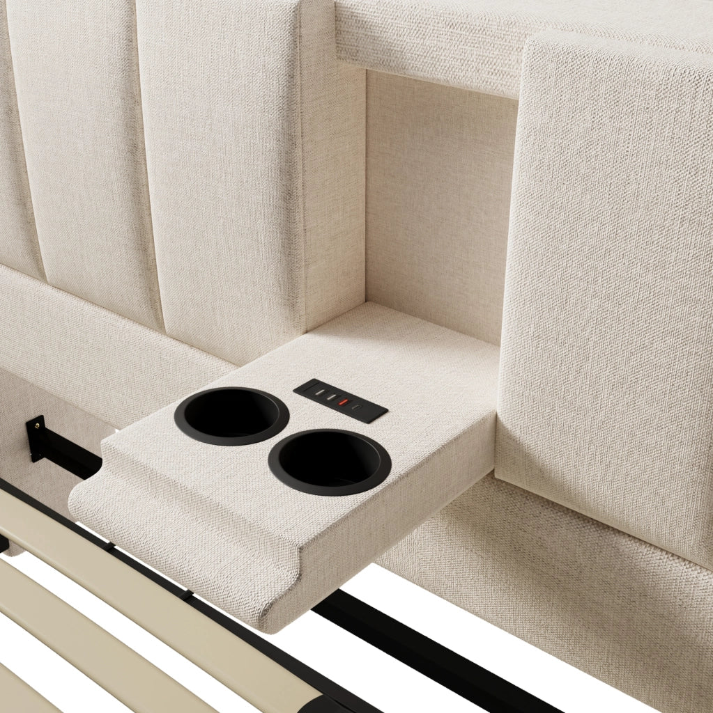 Letto imbottito 140x190 cm con contenitore, presa di ricarica e portabicchieri