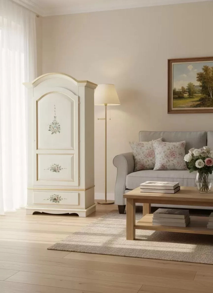 Armadio classico 1 anta shabby legno avorio decori filo oro 96x56x196 - Mobili 2G