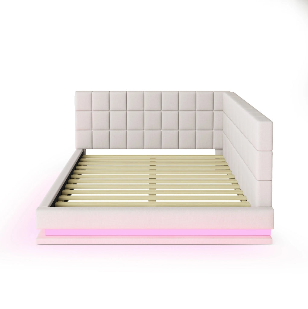 Divano letto imbottito 140x200 cm in lino beige con LED; presa USB e rete a doghe