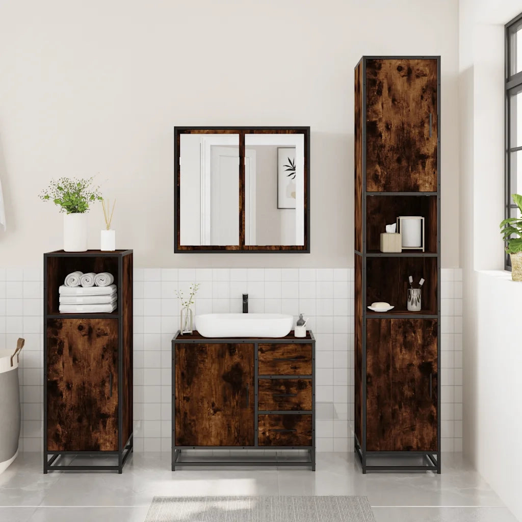 Set Mobili da Bagno 3 pz Rovere Fumo in Legno Multistrato 3300957