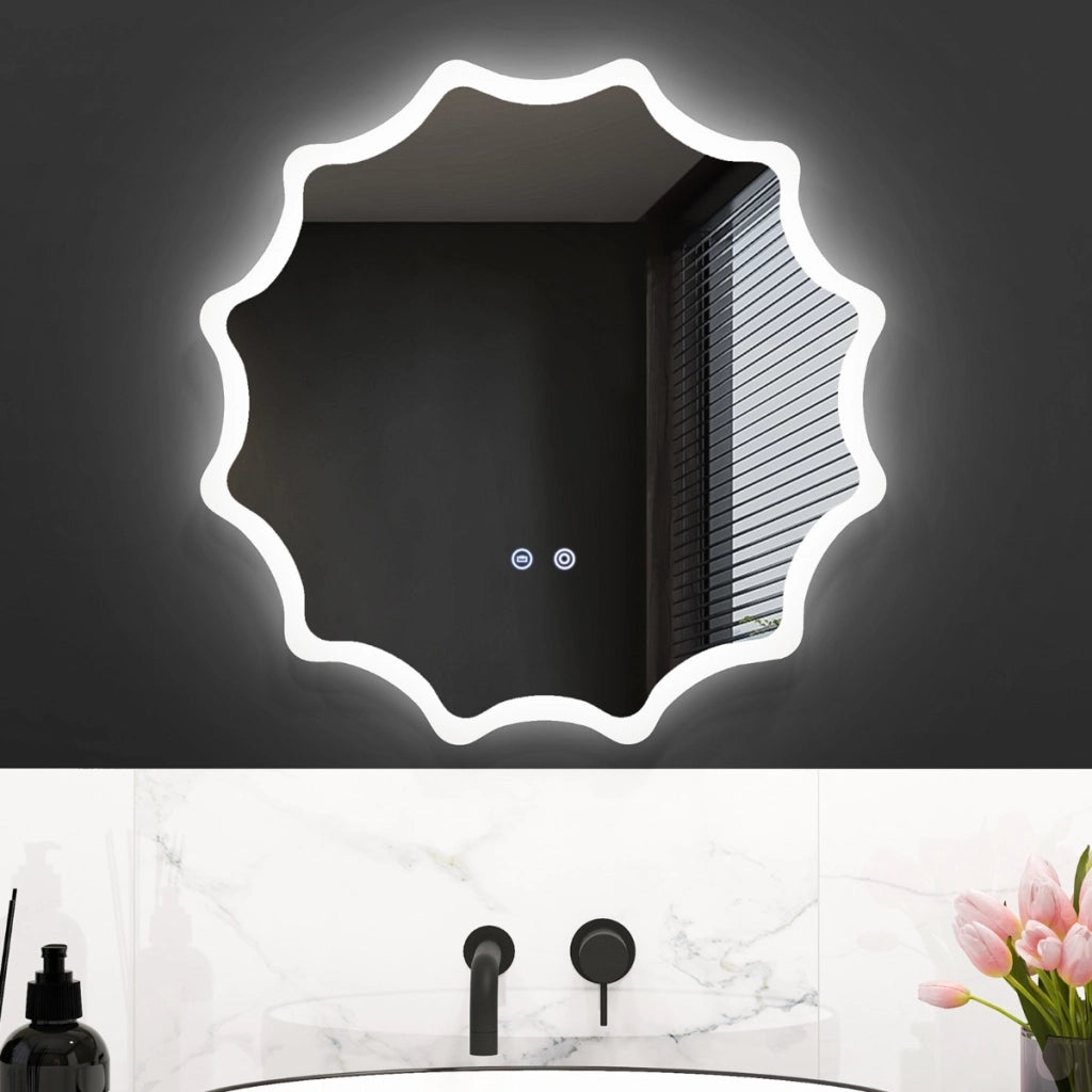 Specchio da bagno a LED 60x60cm con bordo ondulato e luci a 3 colori e anti-appannamento, Specchio da parete Argento