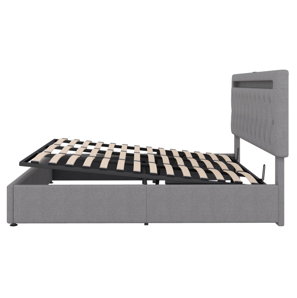 Letto imbottito 180x200 cm con sollevamento idraulico; lino; grigio