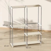 Armadio per Abiti Aperto con 4 Ripiani in Tessuto, 3 Barre per Appendere e Struttura in Metallo 142x43x185 cm Crema