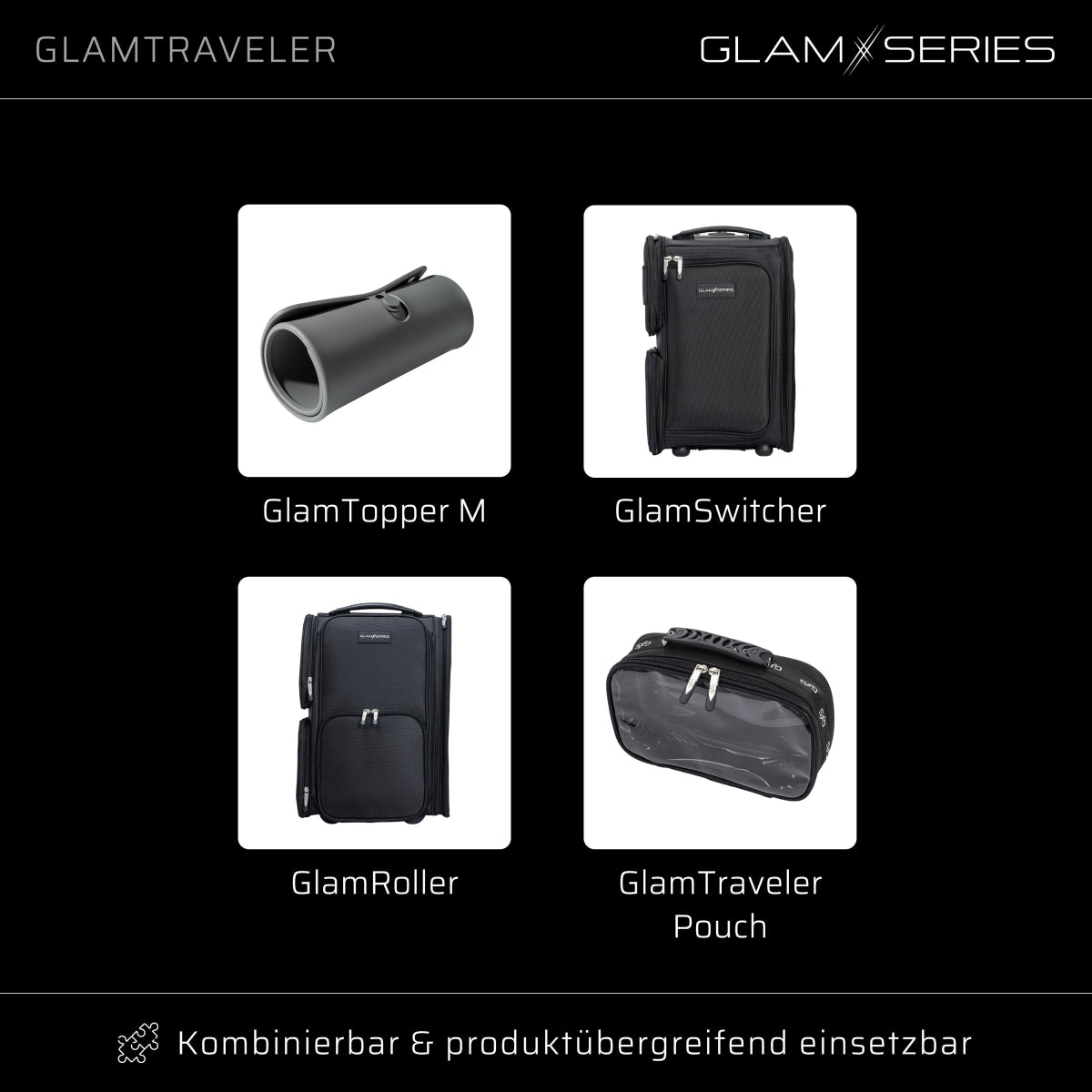 GlamSeries GlamTraveler Borsa porta trucchi con 3 astucci, trousse con fibbia per fissaggio a valigie, pochette da lavoro ideale per truccatori e parrucchieri