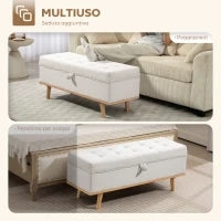 Panca Contenitore da 80L Imbottita con Rivestimento in Tessuto e Gambe in Legno, 118x42x45 cm, Crema