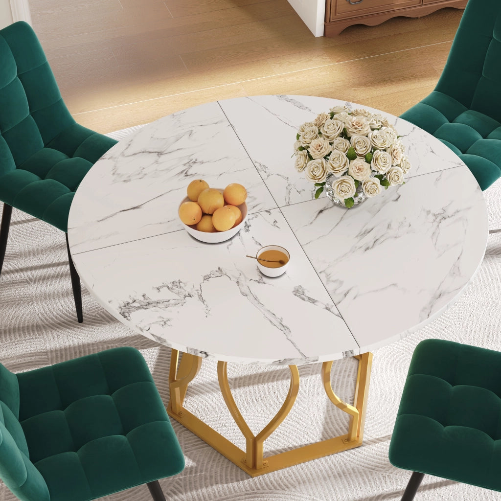Tavolo da pranzo rotondo con piano effetto marmo e gambe in metallo regolabili, per cucina moderna, 100 × 100 × 76 cm