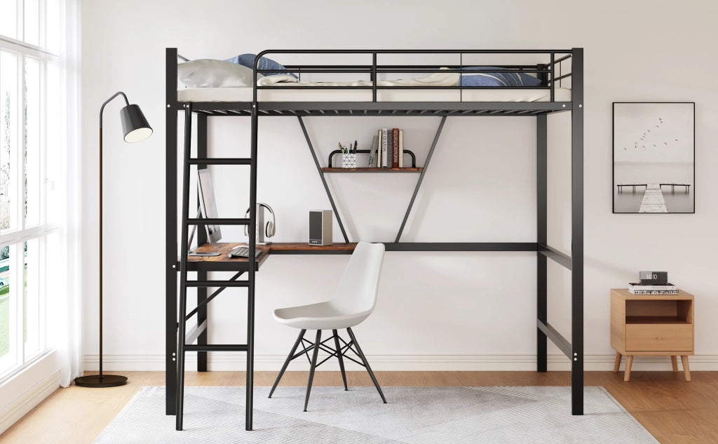 DESMIU Letto a soppalco singolo con scrivania a L e scaffale, 90 × 200 cm, senza materasso, metallo nero