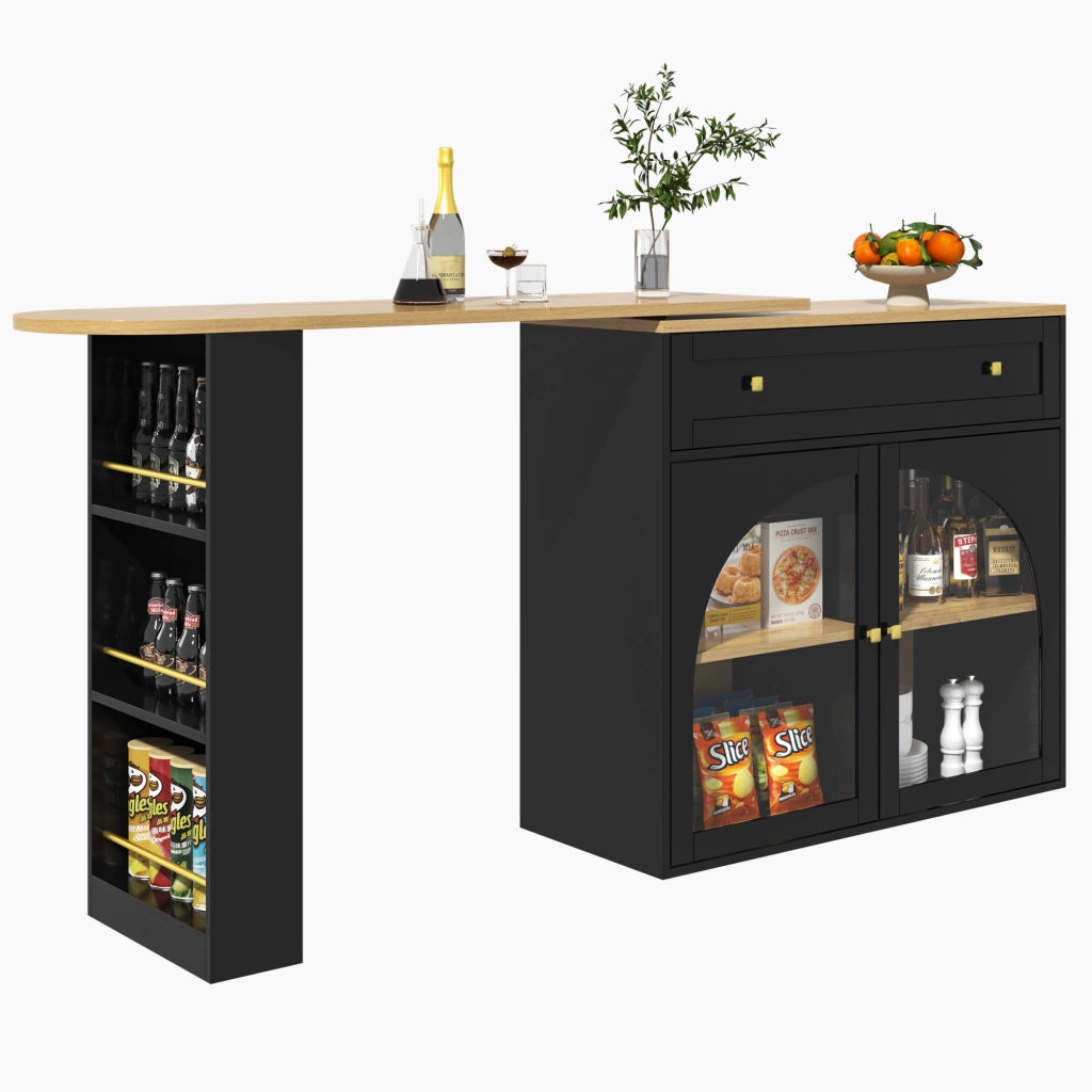 Tavolo da pranzo allungabile con scaffale laterale a 3 ripiani e ante in vetro girevole per cucina 138-204x39x104 cm