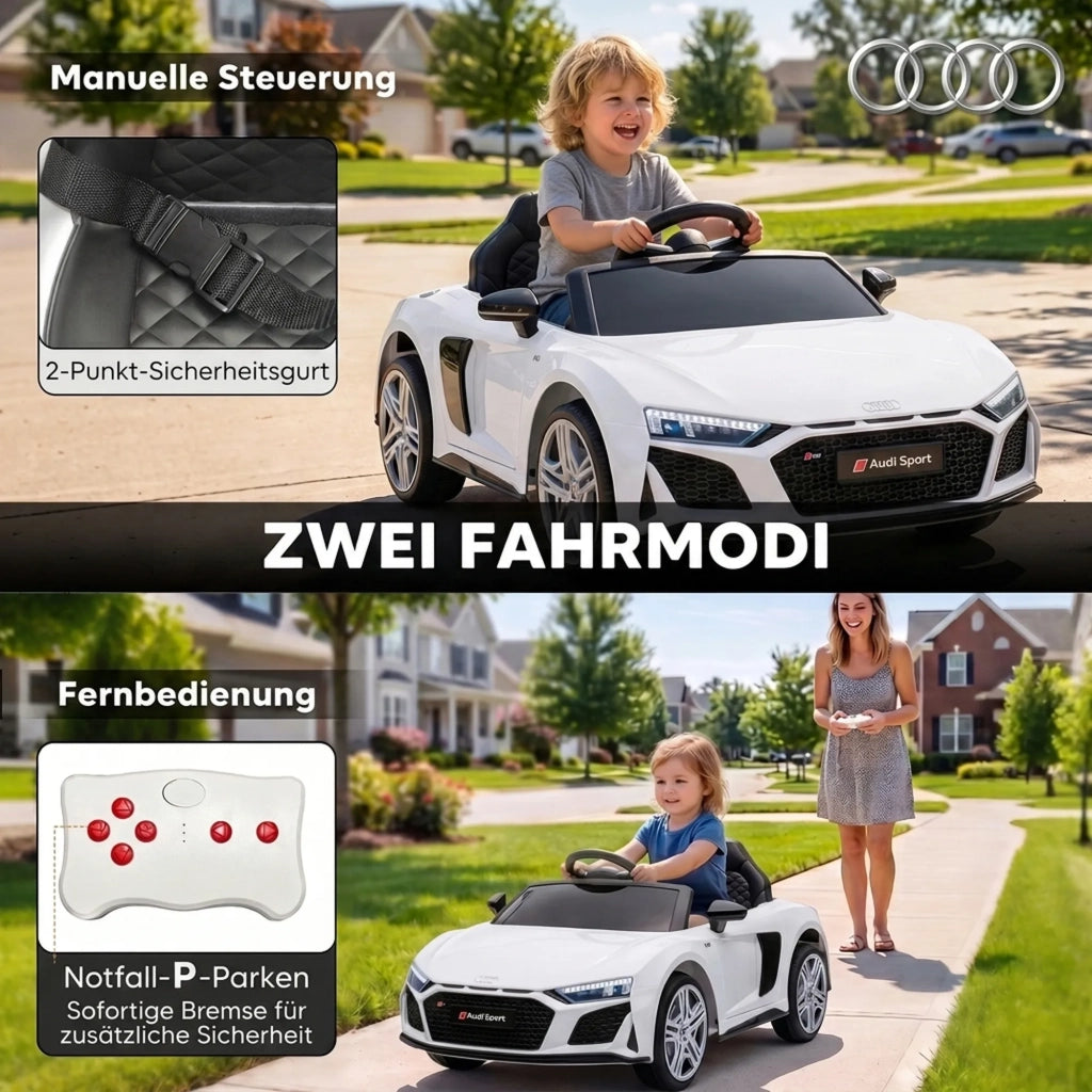 Auto elettrica per bambini 12V bianca, 2 motori, avviamento dolce, sospensioni posteriori, batteria al litio e telecomando inclusi