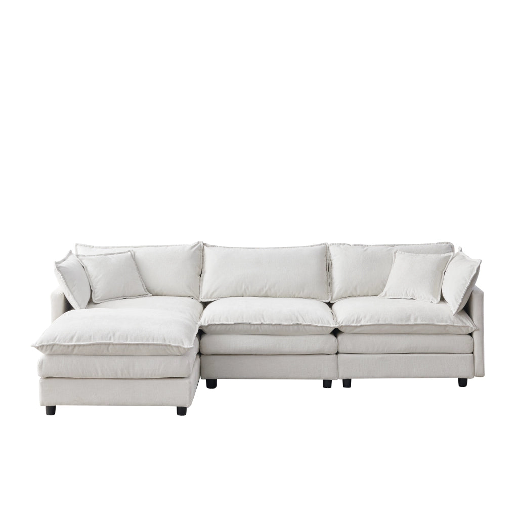 Divano angolare modulare 3 posti con pouf mobile e cuscini sfoderabili, in tessuto di ciniglia beige