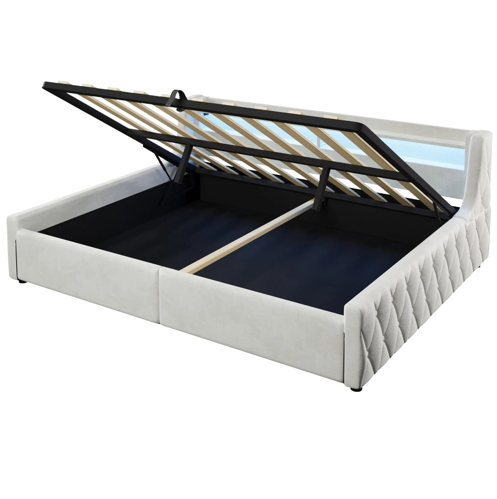 Letto contenitore 140x200 in flanella con testiera LED e vano salvaspazio