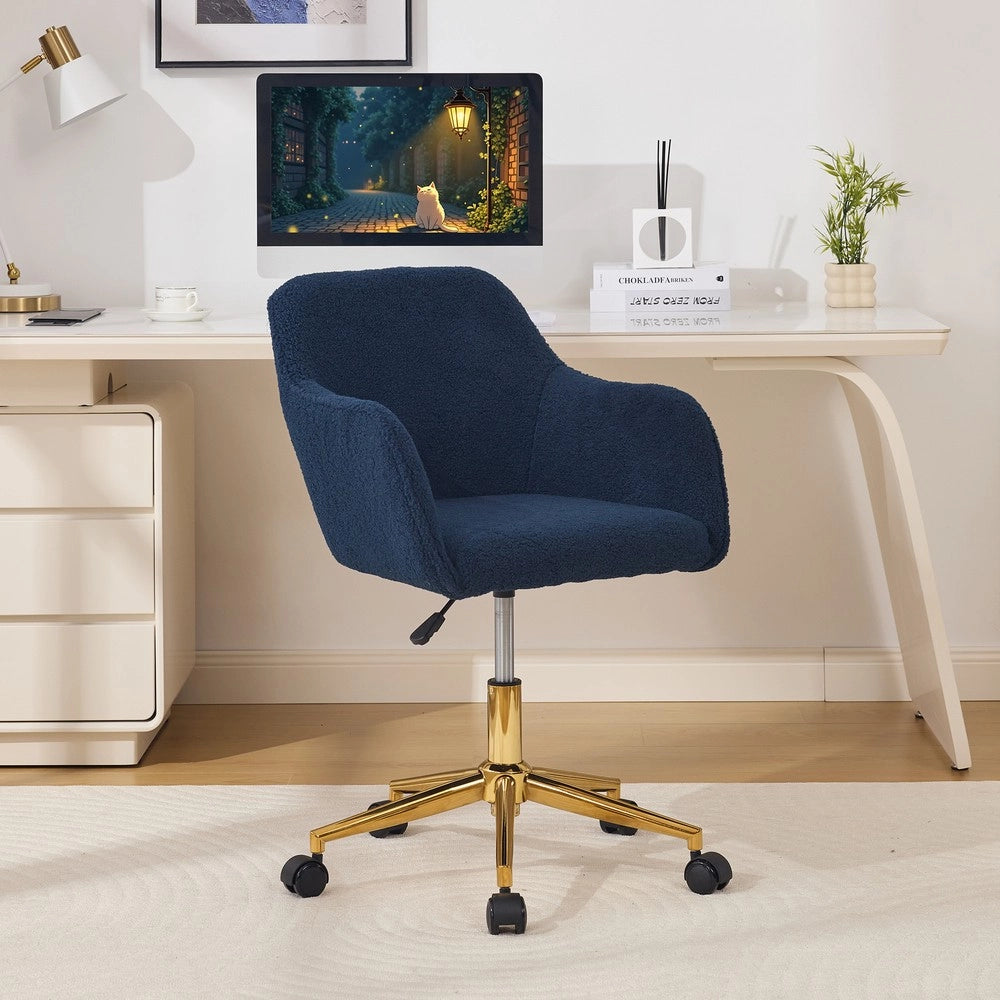 Sedia da ufficio girevole ¨C Minimal ¨C Tessuto teddy, gambe oro, altezza regolabile, colore blu scuro
