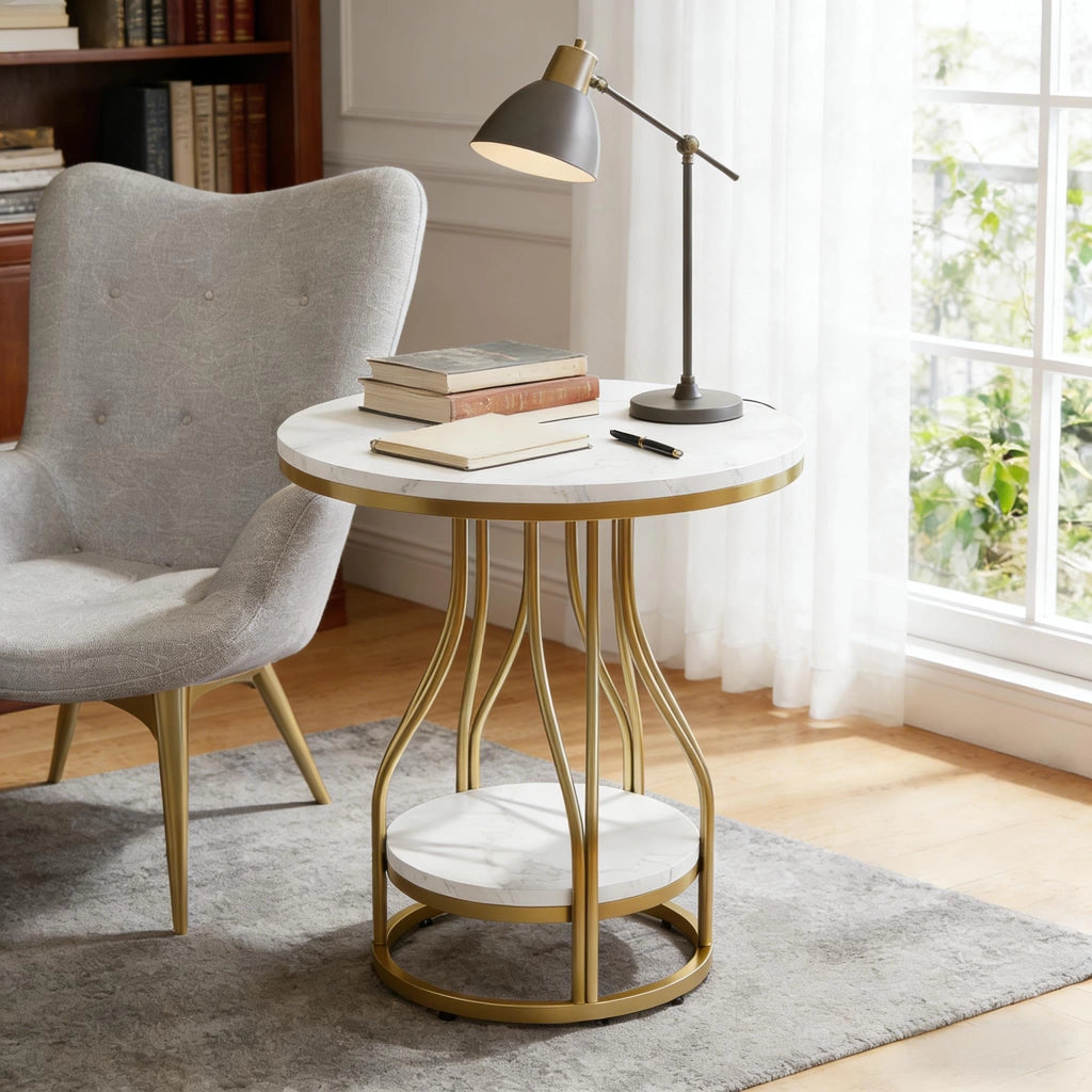 Tavolino basso fisso rotondo a 2 ripiani in marmo artificiale bianco e oro 50 × 50 × 60 cm