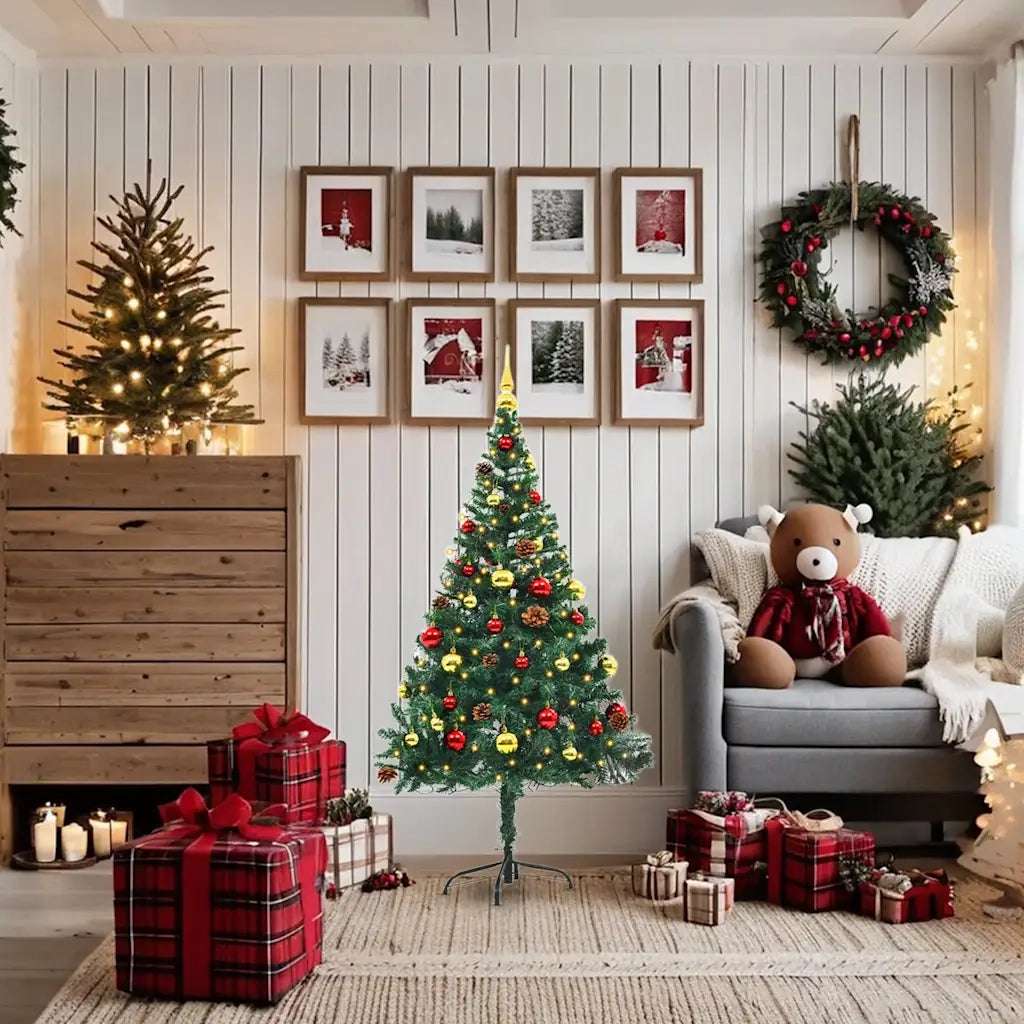 Albero di Natale | Decorazioni natalizie Preilluminato con Palline Verde 150 cm