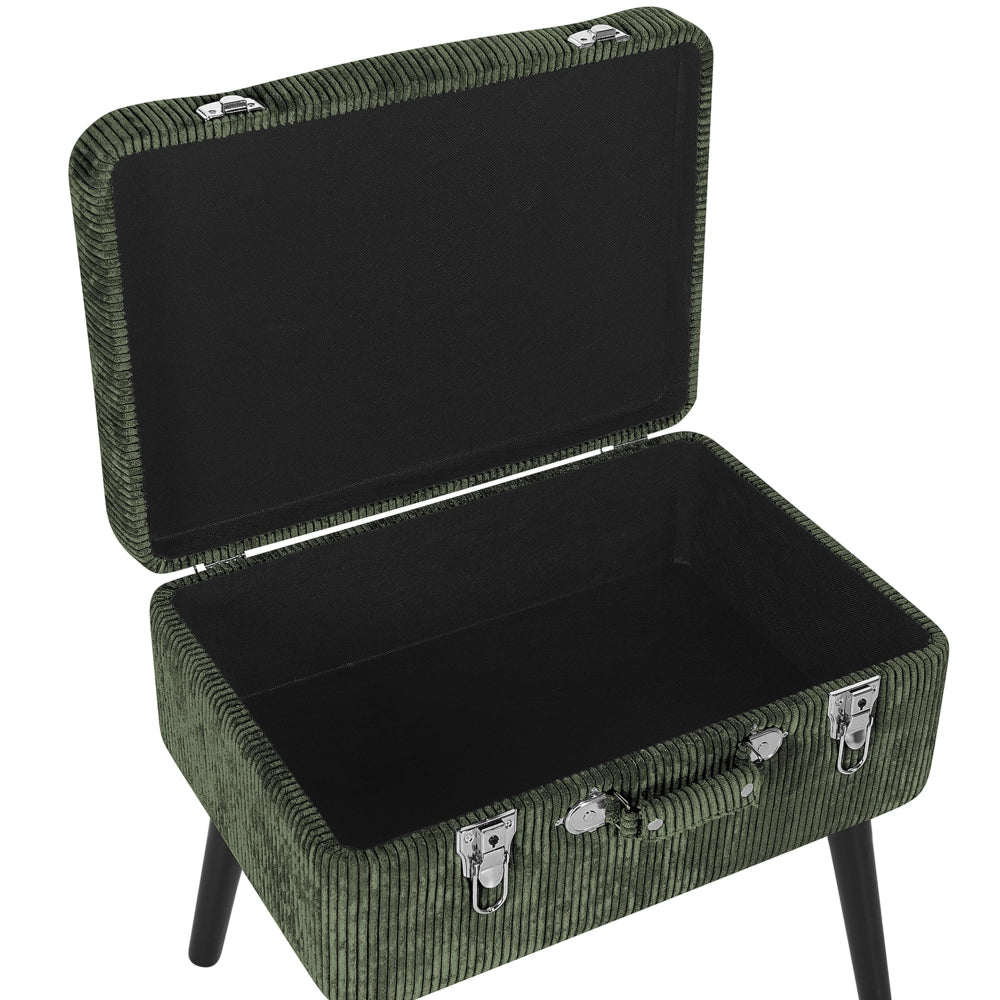 Comodino Sgabello Contenitore gambe nere imbottite in velluto a coste imbottite con design a valigia