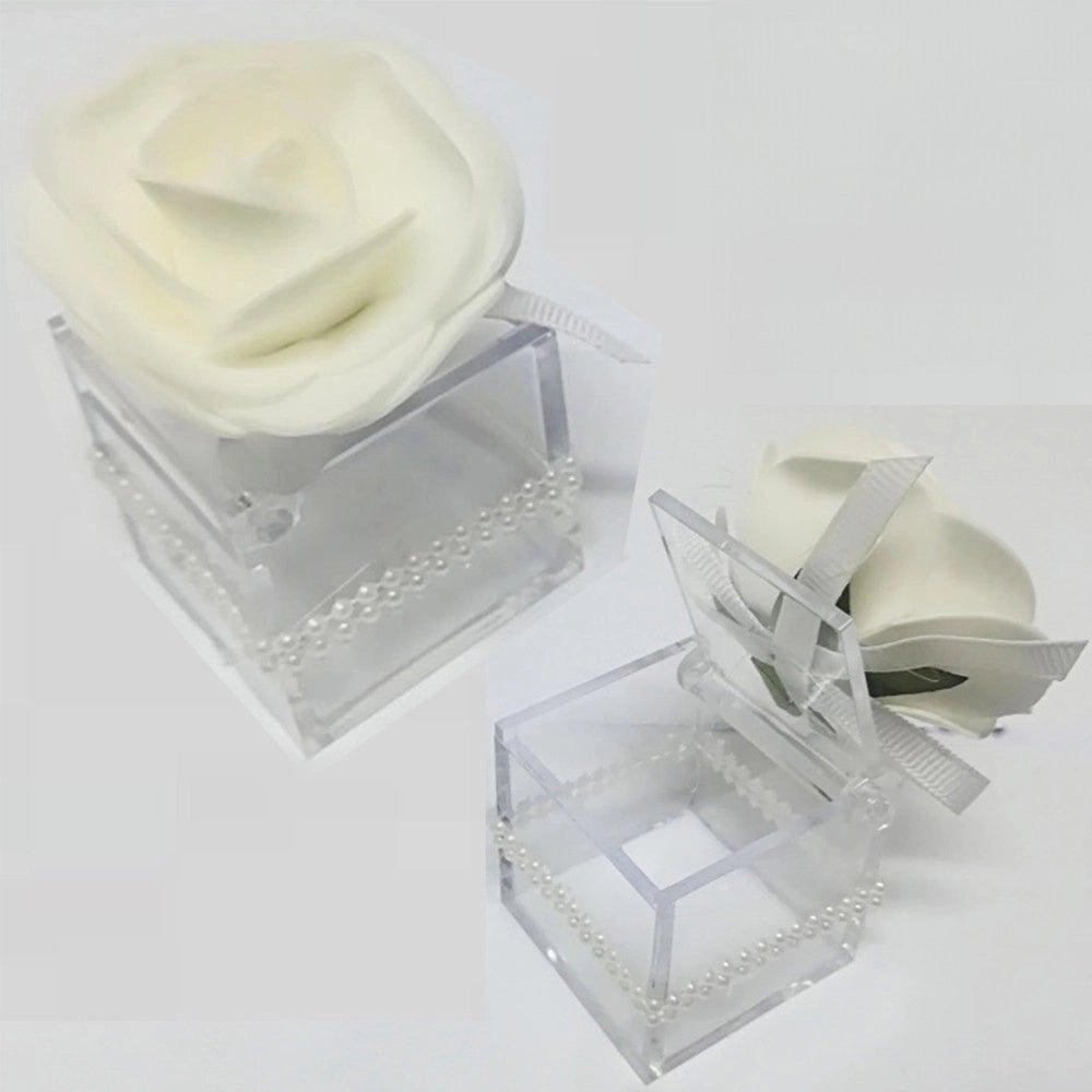 Trade Shop - Bomboniere Scatola Con Rosa Bianca Perle Cubo 4.5cm Portaconfetti Per Matrimonio -