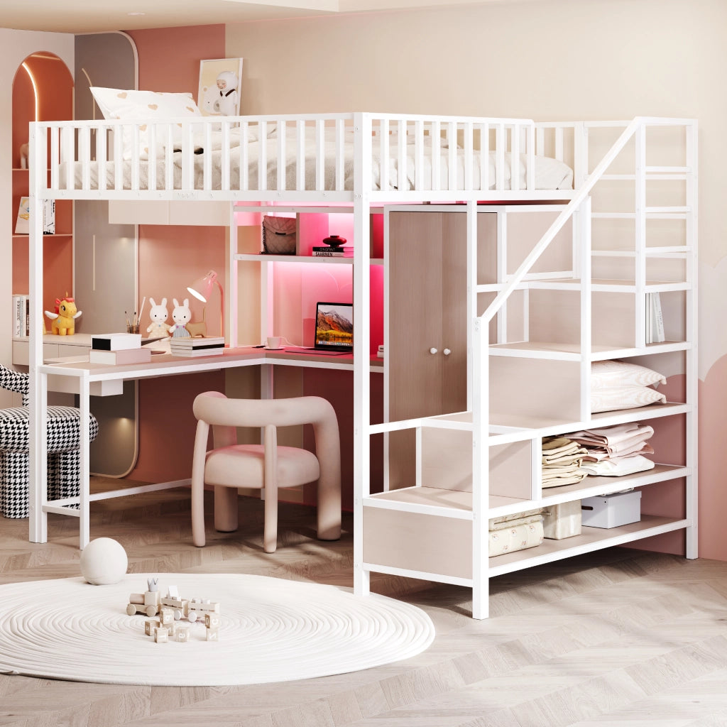 OKWISH Letto a Soppalco 140×200 cm, Letto Matrimoniale con Scrivania, Armadio, Mensole, Porte USB e Tipo C, LED Regolabile, senza Materasso, Bianco