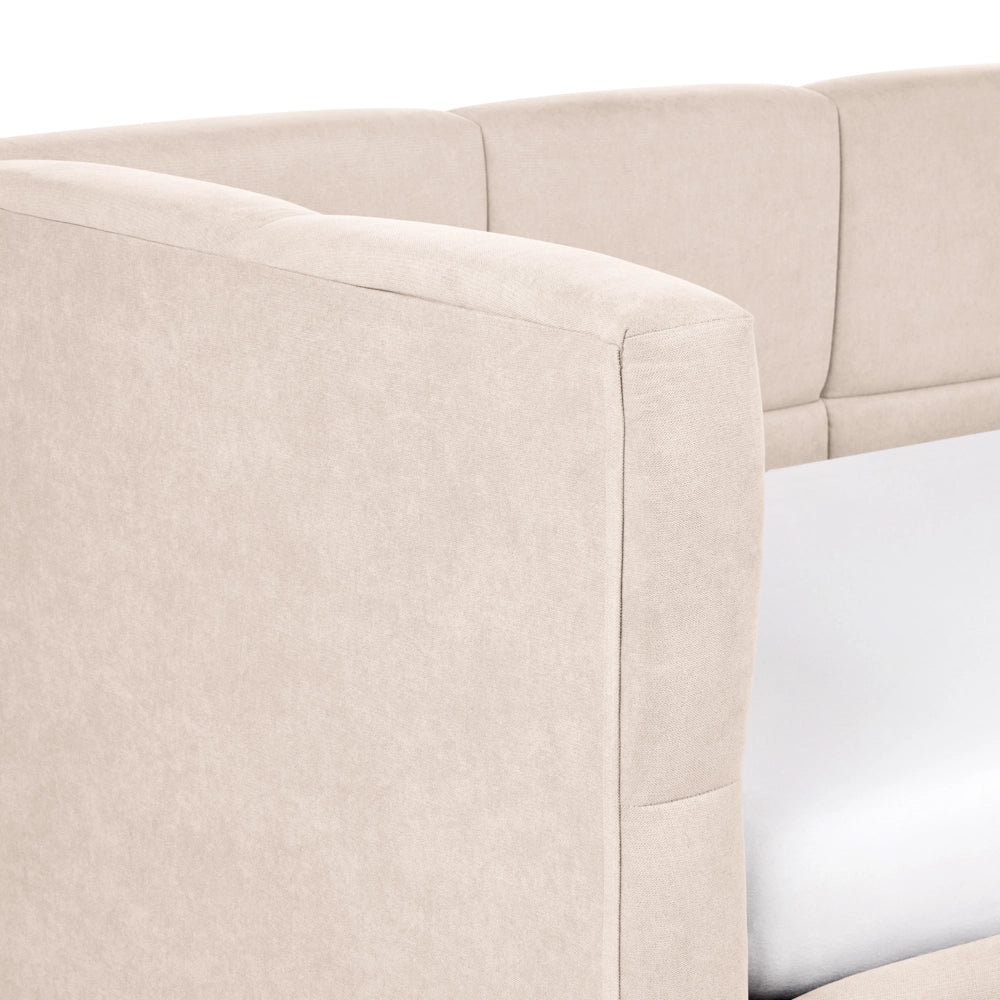 Divano letto imbottita in tessuto beige chiaro lato sinistro 90x200 cm con pouf contenitore a forma di L