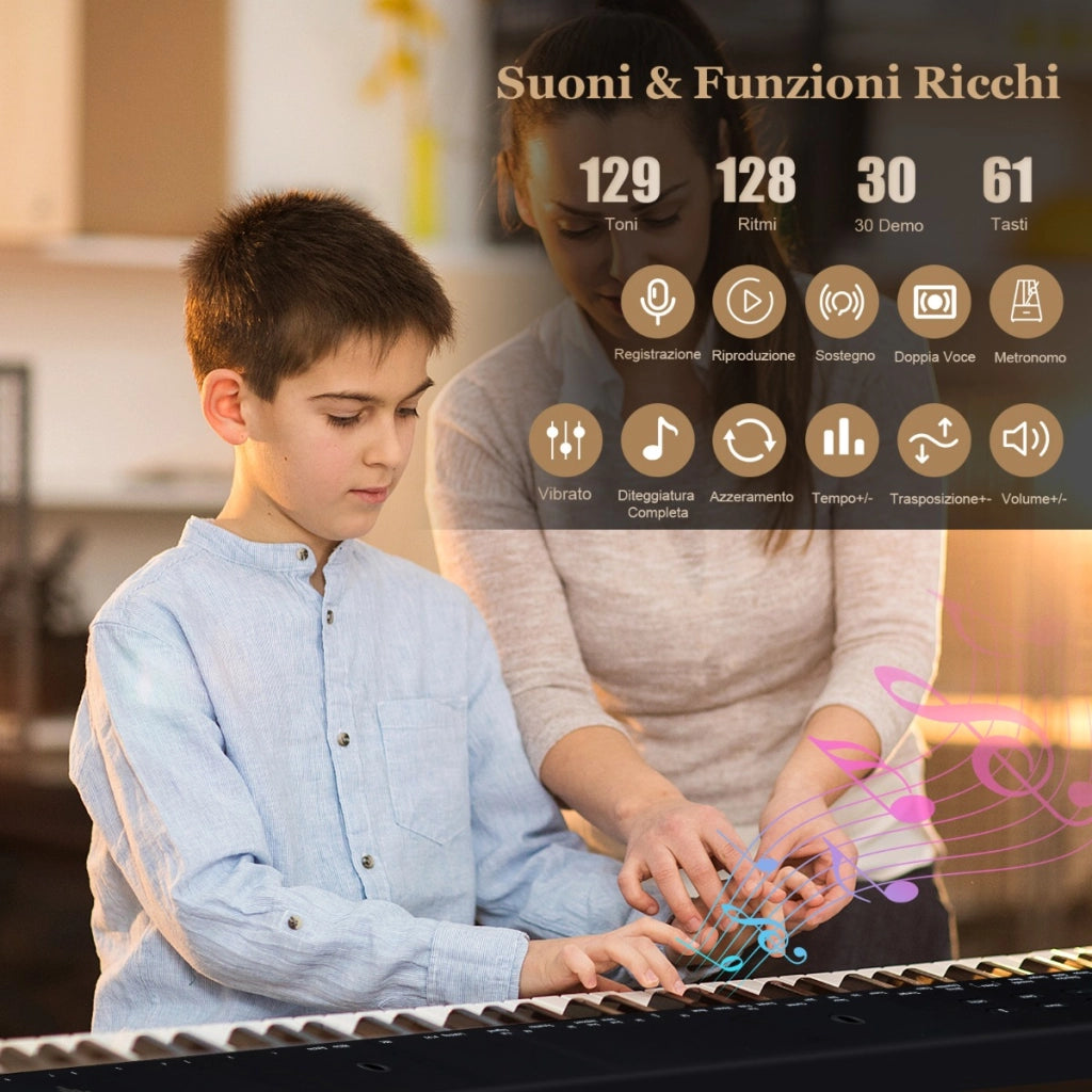Piano elettronico portatile a 61 tasti semi-pesati con supporto e sgabello, Set completo di pianoforte digitale-Tastiere elettriche