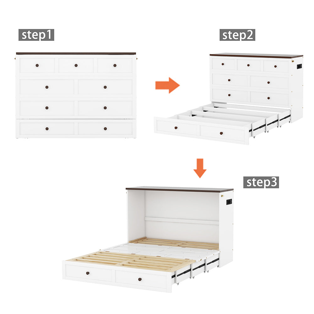 Letto a scomparsa con USB - Xylo - 140x200 cm - Bianco - Cassetti e mensola