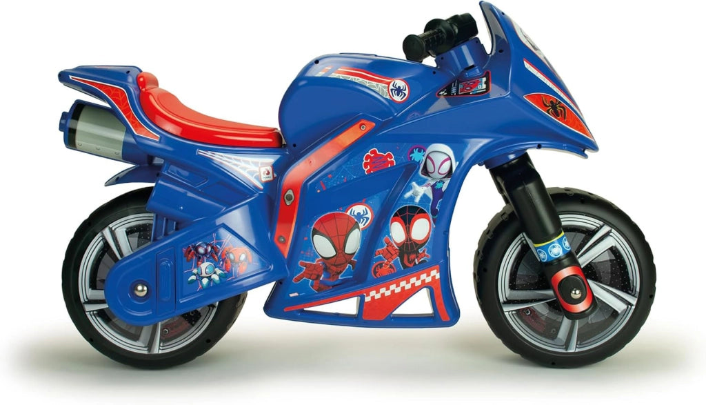Moto Cavalcabile per Bambini 4-7 anni a Spinta Marvel Spidey 99x39x61 cm fino a 50 kg con Maniglia di Trasporto Blu