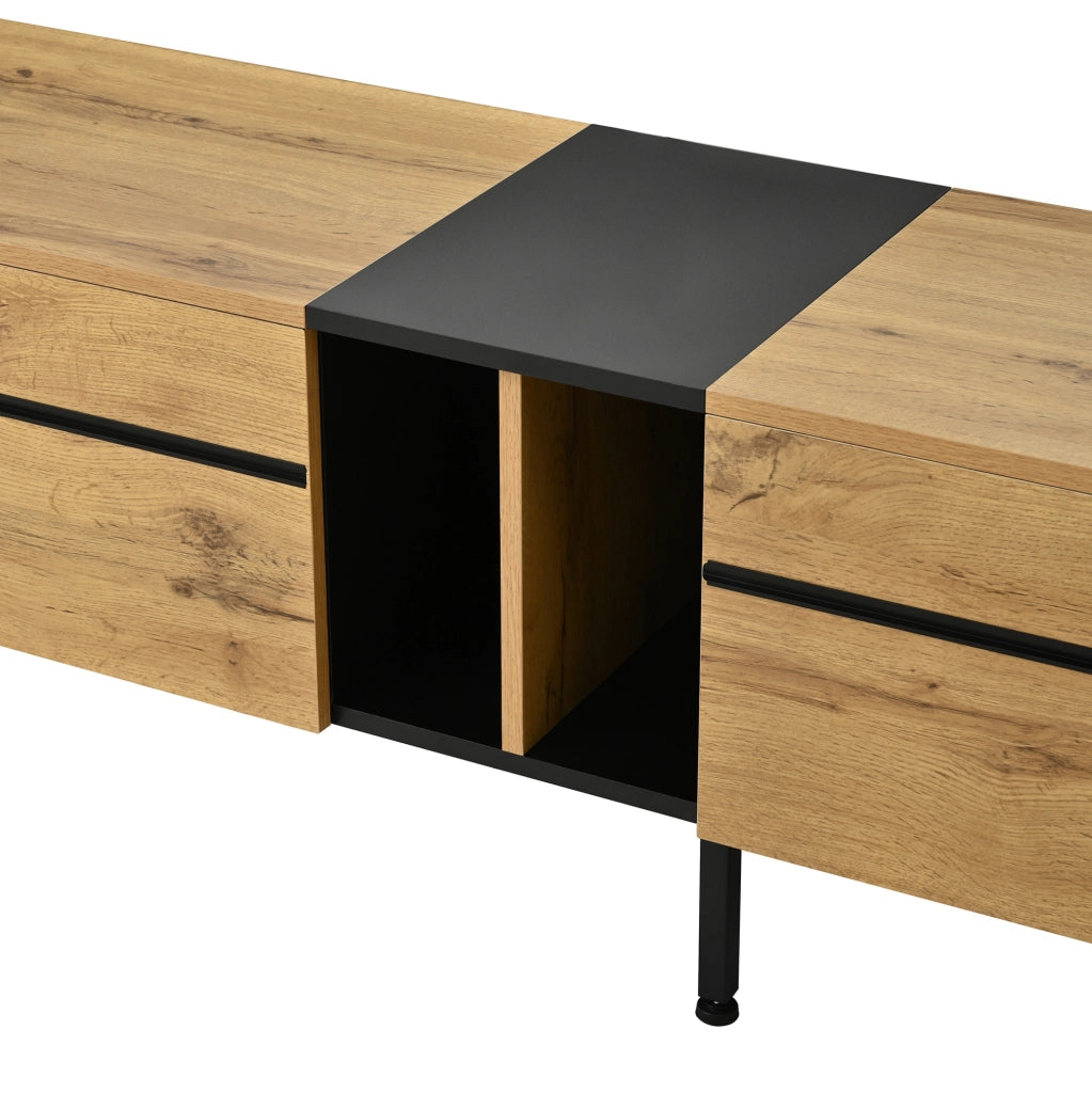 Mobile TV 180x38x45 cm con vano a ribalta; scomparti aperti e ante; in truciolato; naturale