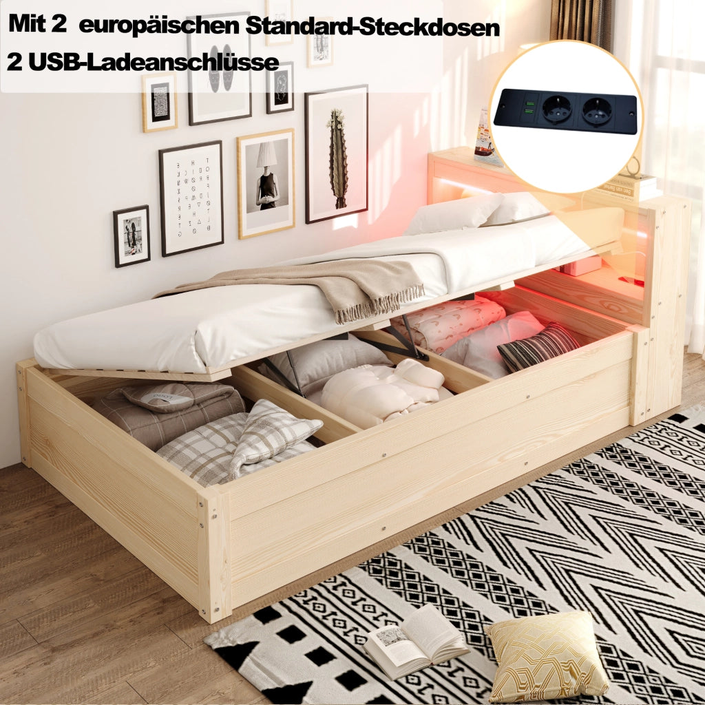 Letto multifunzione 90x200 cm con LED; presa integrata e contenitore; effetto legno