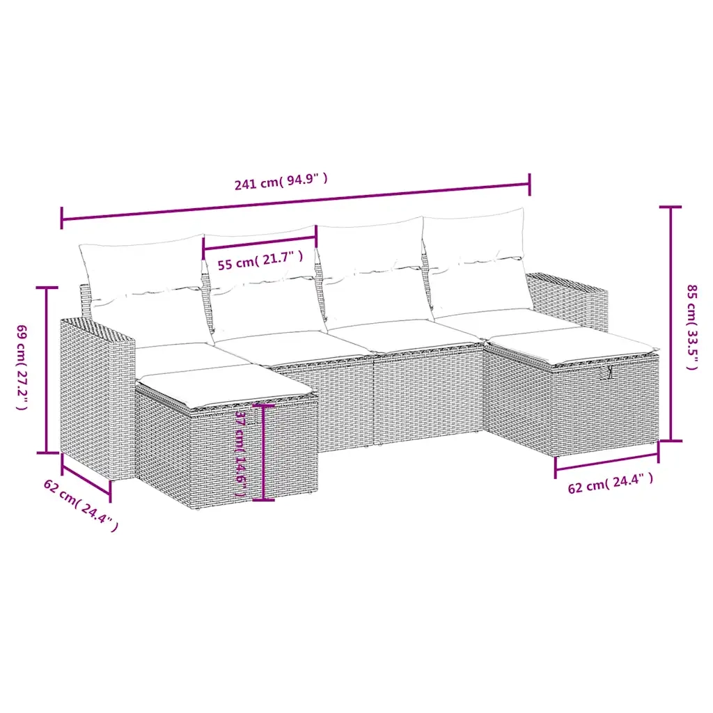 Set Divano da Giardino 6 pz con Cuscini Beige in Polyrattan