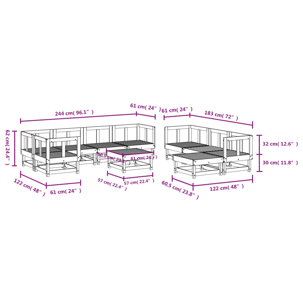 Set Salotto da Giardino 10 pz in Legno Massello di Pino 3186564
