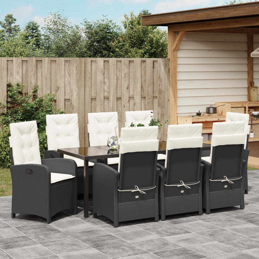 Set da Pranzo da Giardino 9 Pezzi con Cuscini Rattan Polare Nero