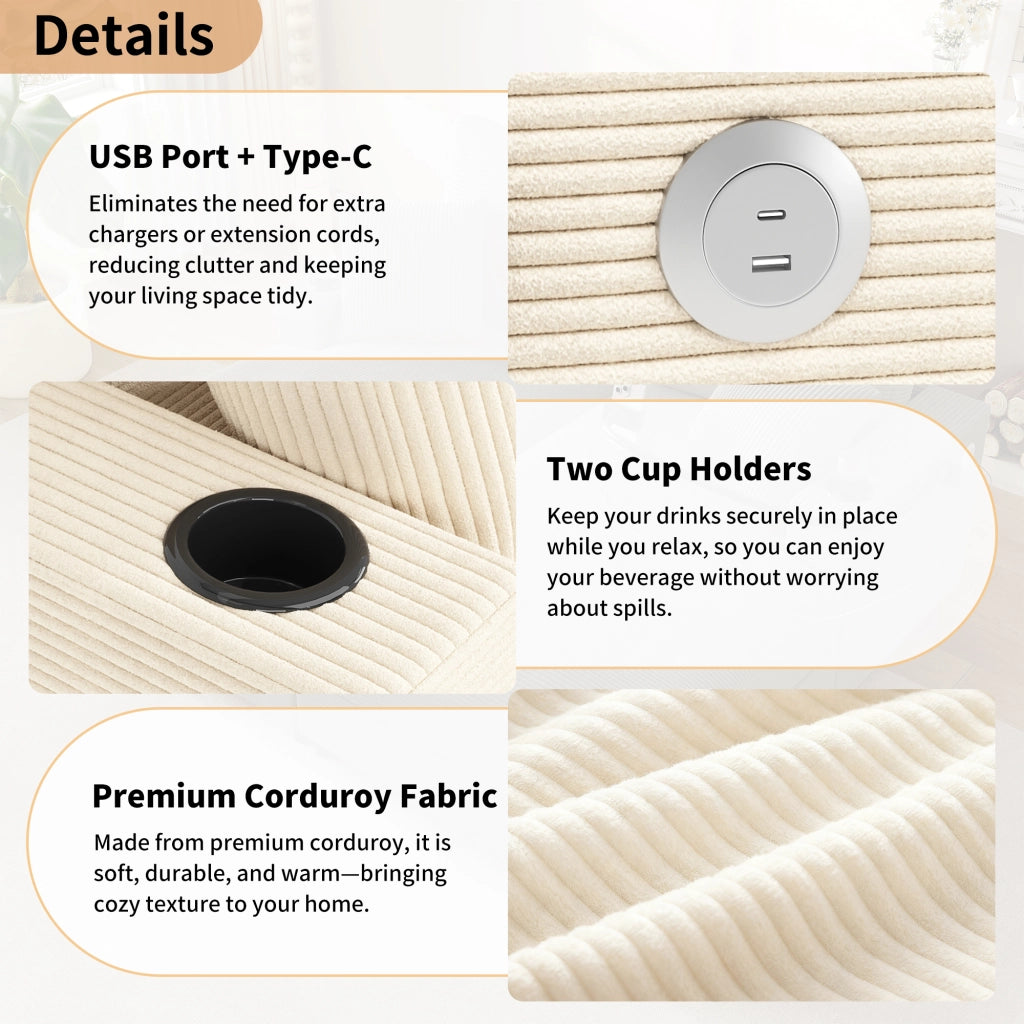 Divano Letto 2 Posti con Supporto Girevole per Smartphone USB e Porta Bicchieri in Velluto a Coste Beige